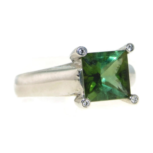 Green Tourmaline Ring in 14k White Gold with Diamond