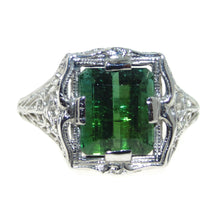 Load image into Gallery viewer, Green Tourmaline Ring Ornate Art Nouveau 14k White Gold
