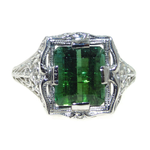 Green Tourmaline Ring Ornate Art Nouveau 14k White Gold