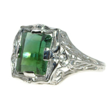 Load image into Gallery viewer, Vintage Green Tourmaline Ring Ornate Art Nouveau 14k White Gold
