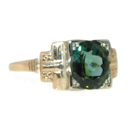Green Tourmaline Ring Ornate Art Deco in 14k Yellow Gold