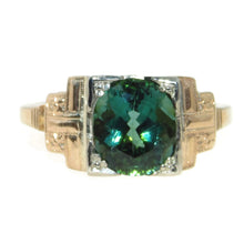 Load image into Gallery viewer, Vintage Green Tourmaline Ring Ornate Art Deco in 14k Yellow Gold
