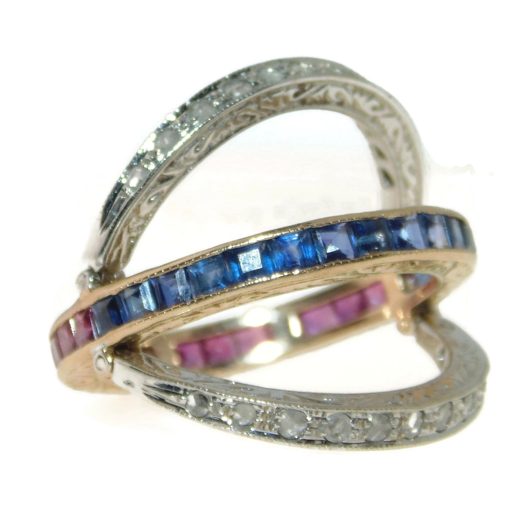 Unique Vintage 14k Yellow and White Gold Ruby Sapphire Diamond Interchangeable Ring