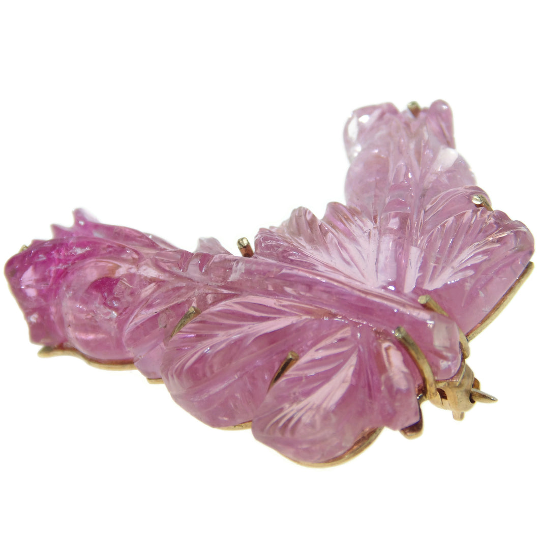 Pink Tourmaline Carved Brooch Pendant in 14k Yellow Gold