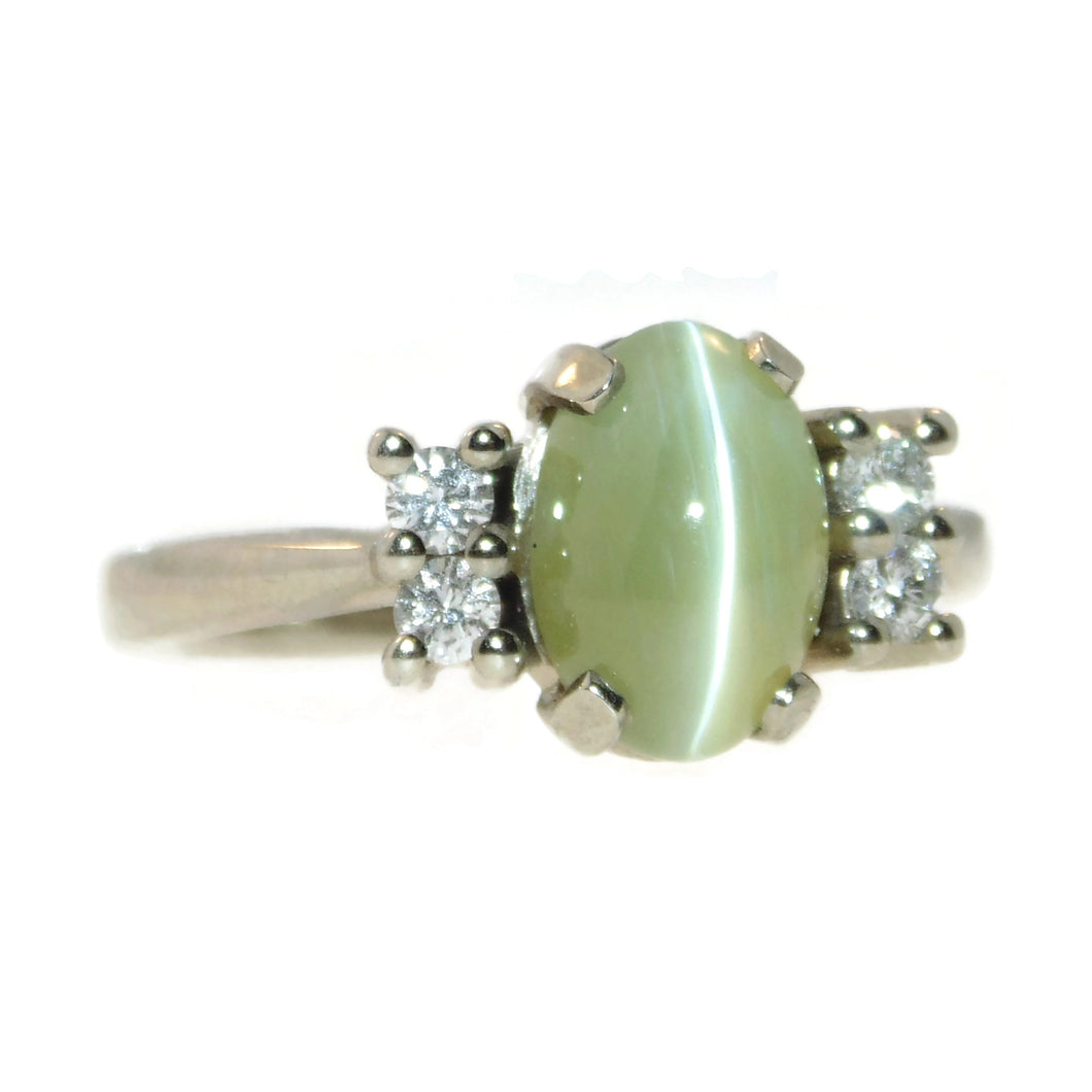 Estate Green Cat's Eye and Diamond Ring in White Gold