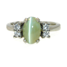 Load image into Gallery viewer, Estate Green Cat&#39;s Eye and Diamond Ring in 14k White Gold
