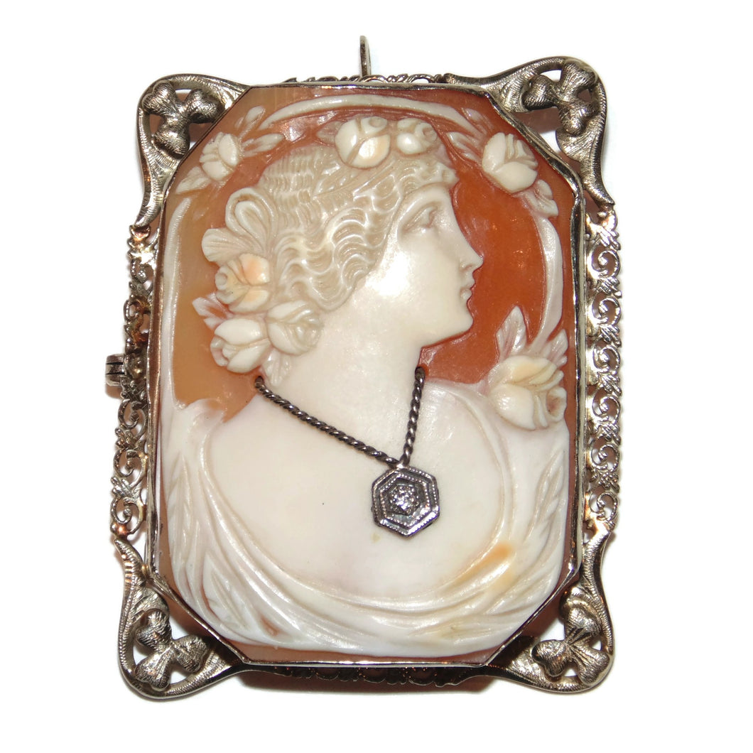 Victorian Antique Large Carved Cameo Lady Bust Brooch Pendant with Diamond in 14k Yellow Gold