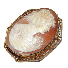 Load image into Gallery viewer, Victorian Antique Carved Lady Bust Cameo Brooch Pendant in 14K Yellow Gold
