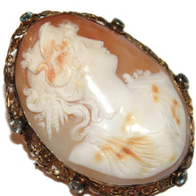 Load image into Gallery viewer, Victorian Antique Statement Diana Goddess of the Hunt Carved Cameo Brooch Pendant with Topaz in 14k Yellow Gold
