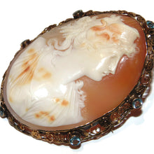 Load image into Gallery viewer, Victorian Antique Statement Diana Goddess of the Hunt Carved Cameo Brooch Pendant with Topaz in 14k Yellow Gold
