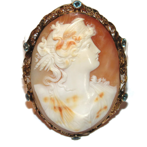 Cameo Brooch Pendant with Topaz in 14k Yellow Gold