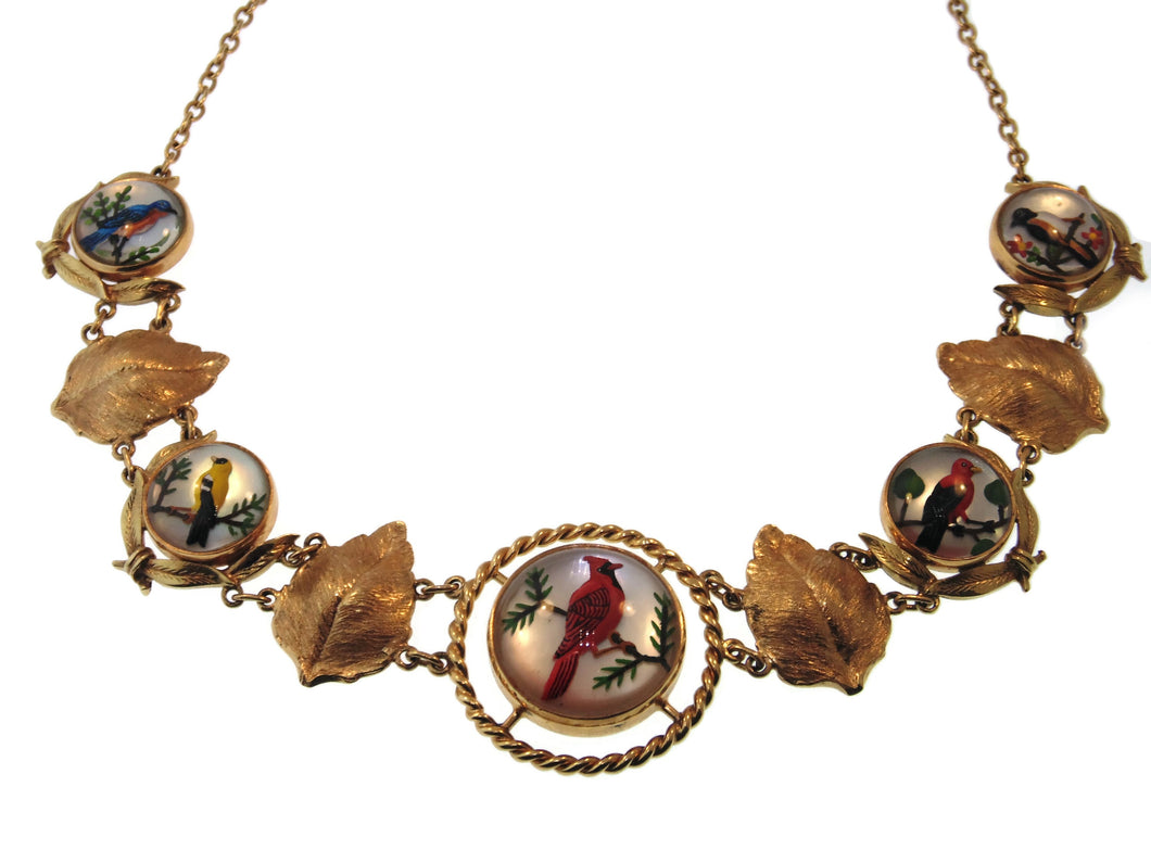 14k Yellow Gold Glass Birds Art Necklace