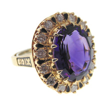 Load image into Gallery viewer, Estate Purple 7.0 Carat Amethyst Diamond Halo Ring in 14k Yellow Gold
