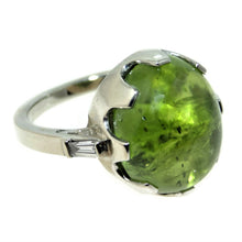Load image into Gallery viewer, Vintage 14k White Gold Egg Peridot and Diamond Baguettes Ring
