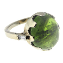 Load image into Gallery viewer, Vintage 14k White Gold Egg Peridot and Diamond Baguettes Ring

