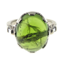 Load image into Gallery viewer, Vintage 14k White Gold Egg Peridot and Diamond Baguettes Ring
