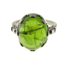 Load image into Gallery viewer, Vintage 14k White Gold Egg Peridot and Diamond Baguettes Ring

