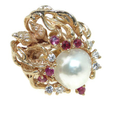 Load image into Gallery viewer, Estate South Sea Pearl Diamond Ruby Statement Ring in 14k Yellow Gold &quot;Under the Sea&quot;
