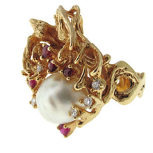 Load image into Gallery viewer, Estate South Sea Pearl Diamond Ruby Statement Ring in 14k Yellow Gold &quot;Under the Sea&quot;
