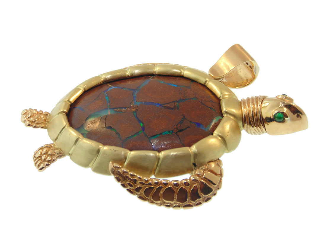 Estate One Of A Kind Natural Black Opal 18k Yellow Gold Diamond Turtle Pendant