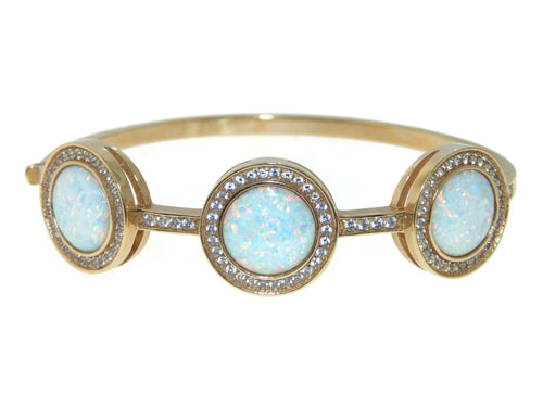 Yellow Gold Lab Opal White Sapphires Cuff Bracelet