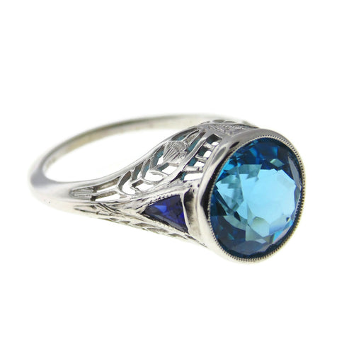 Vintage Blue Topaz and Sapphires Ring in 18k White Gold