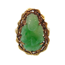 Load image into Gallery viewer, Vintage Green Carved Buddha Jade Ring in 14k Yellow Gold

