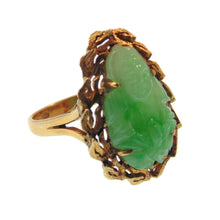 Load image into Gallery viewer, Vintage Green Carved Buddha Jade Ring in 14k Yellow Gold
