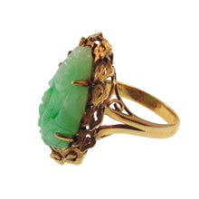 Load image into Gallery viewer, Vintage Green Carved Buddha Jade Ring in 14k Yellow Gold
