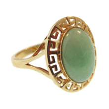 Load image into Gallery viewer, Estate Green Jade Ring in 14k Yellow Gold Greek Keys Halo
