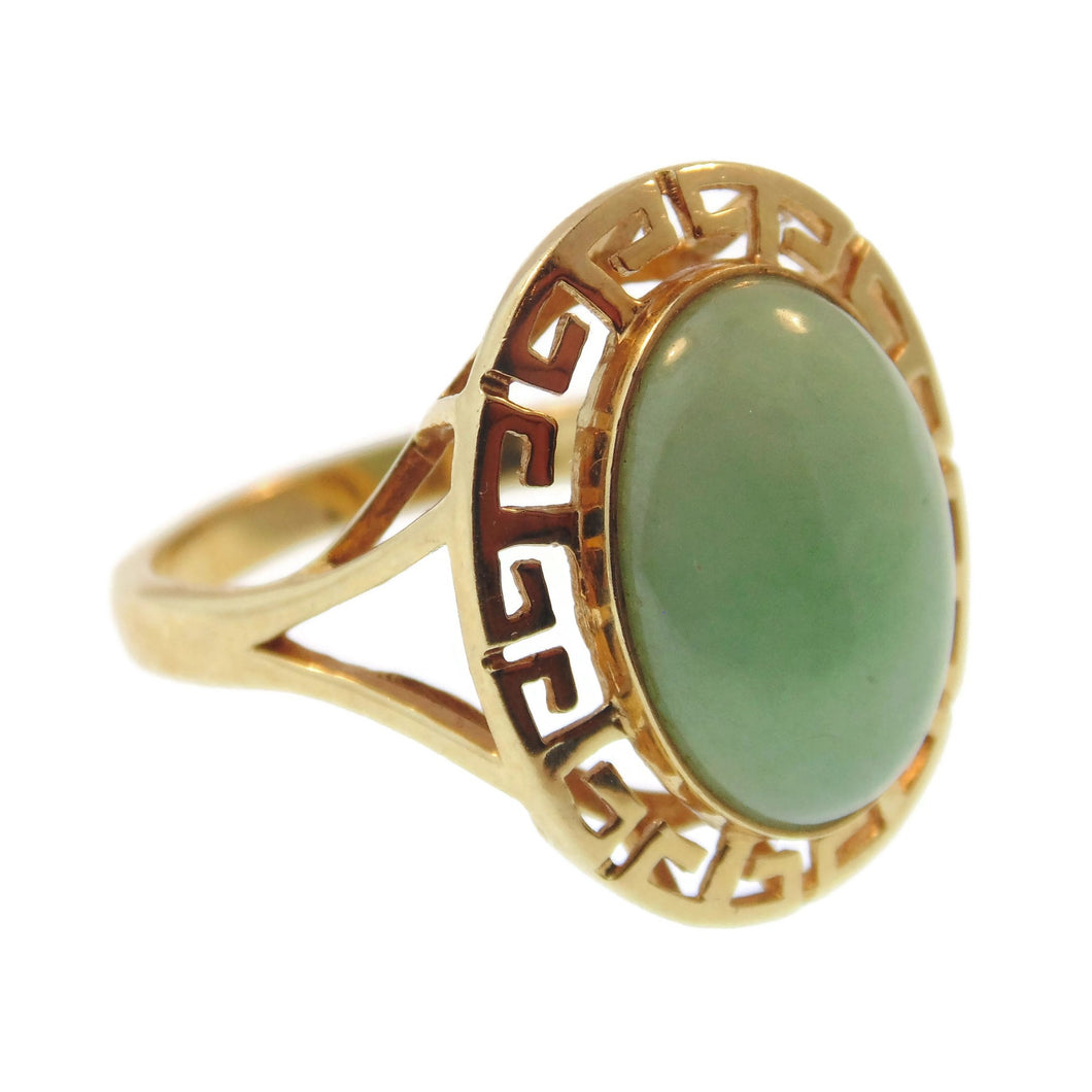 Estate Green Jade Ring in 14k Yellow Gold Greek Keys Halo