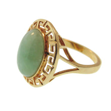 Load image into Gallery viewer, Estate Green Jade Ring in 14k Yellow Gold Greek Keys Halo
