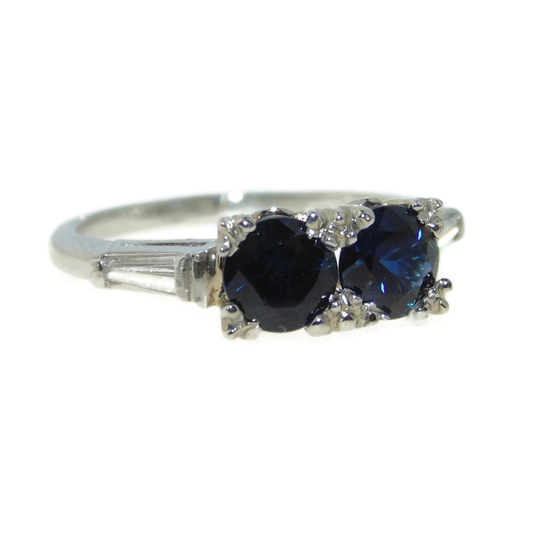 Vintage Platinum Dark Blue Sapphire Diamond Ring
