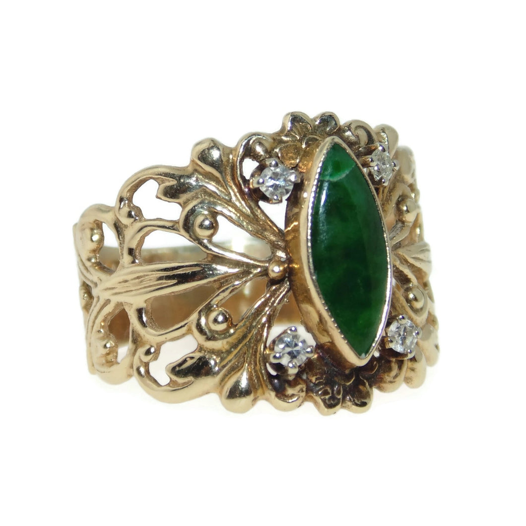 Vintage Green Jade Diamond Ornate Cut Out Ring in 14k Yellow Gold