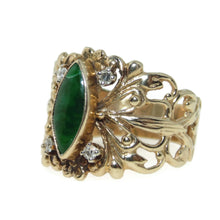 Load image into Gallery viewer, Vintage Green Jade Diamond Ornate Cut Out Ring in 14k Yellow Gold
