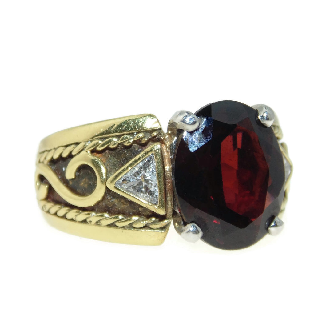 Custom-Made Natural Garnet Ring with Diamonds in 18k Yellow Gold and Platinum