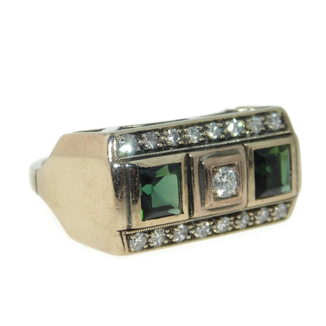 Vintage 14k Yellow Gold Men's Diamond and Green Tourmaline Ring