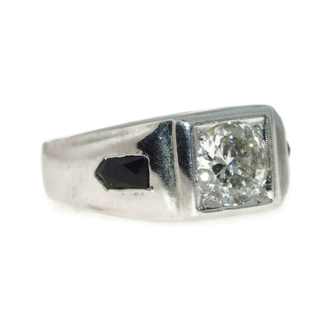 Vintage Men's Diamond and Dark Sapphire Ring in 14k White Gold