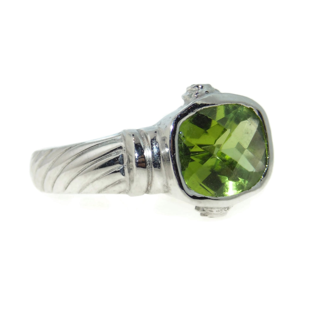 Bezel Set Peridot Ring with Hidden Diamonds in 14k White Gold