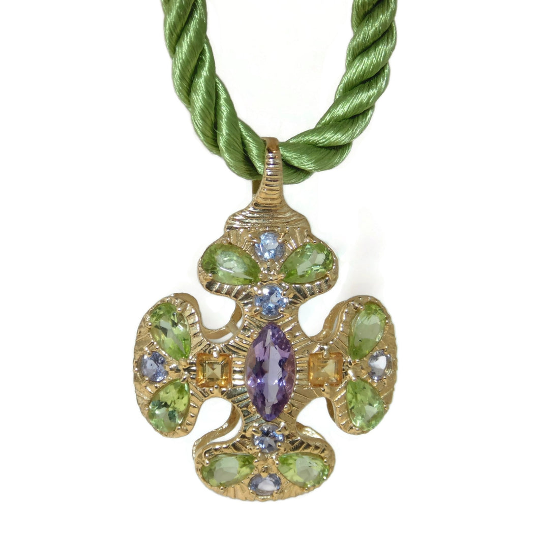 Peridot Amethyst and Tanzanite Pendant on Rope Chord Necklace