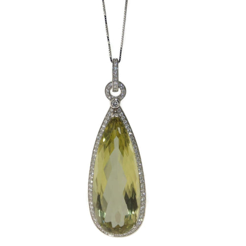 Pear Shaped Lemon Quartz and Diamond Halo Pendant in White Gold