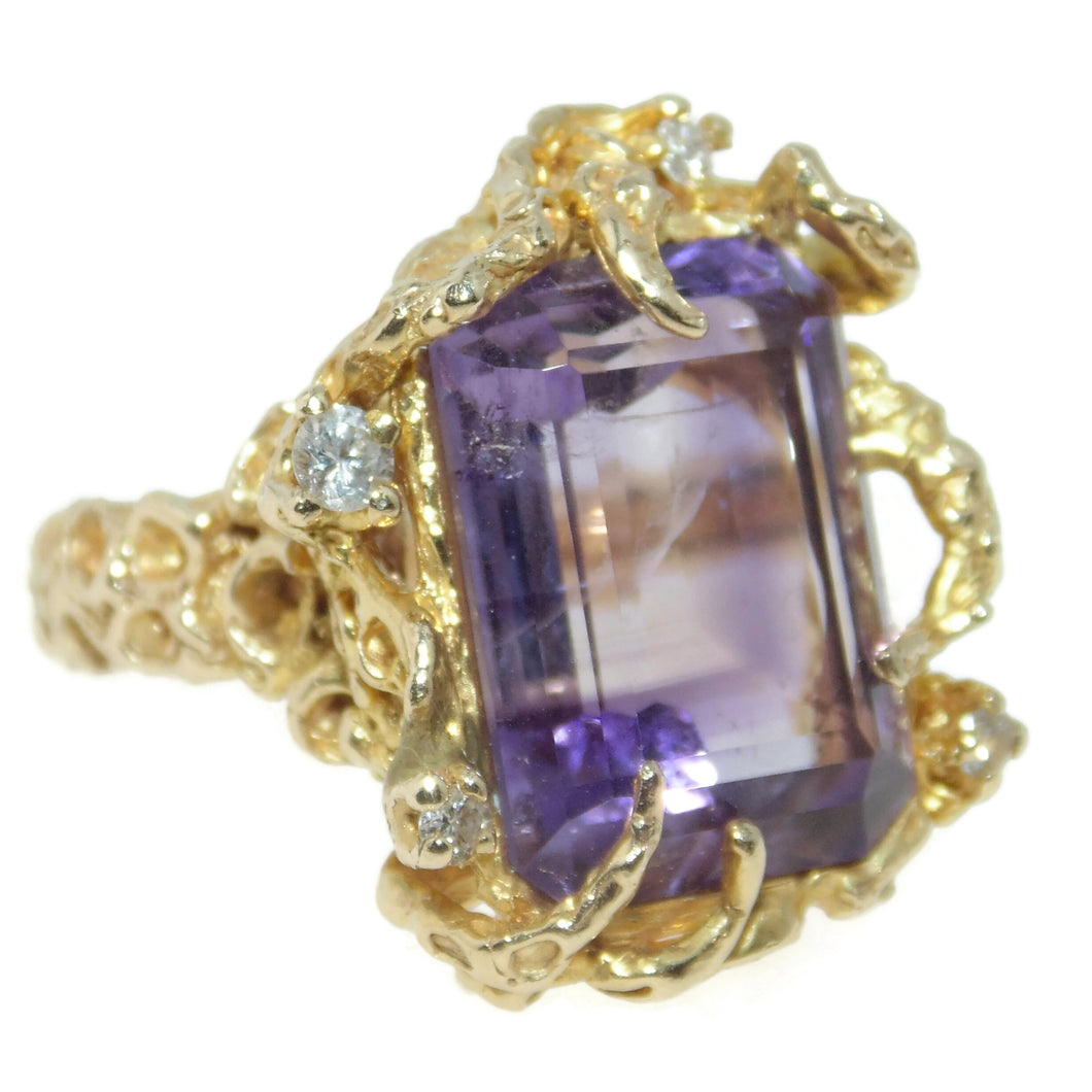 Estate Purple Emerald Cut 13.0 Carat Amethyst Nature Inspired Statement Ring in 14k Yellow Gold and Diamonds
