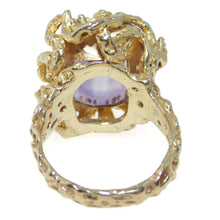 Load image into Gallery viewer, Estate Purple Emerald Cut 13.0 Carat Amethyst Nature Inspired Statement Ring in 14k Yellow Gold and Diamonds
