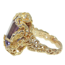 Load image into Gallery viewer, Estate Purple Emerald Cut 13.0 Carat Amethyst Nature Inspired Statement Ring in 14k Yellow Gold and Diamonds
