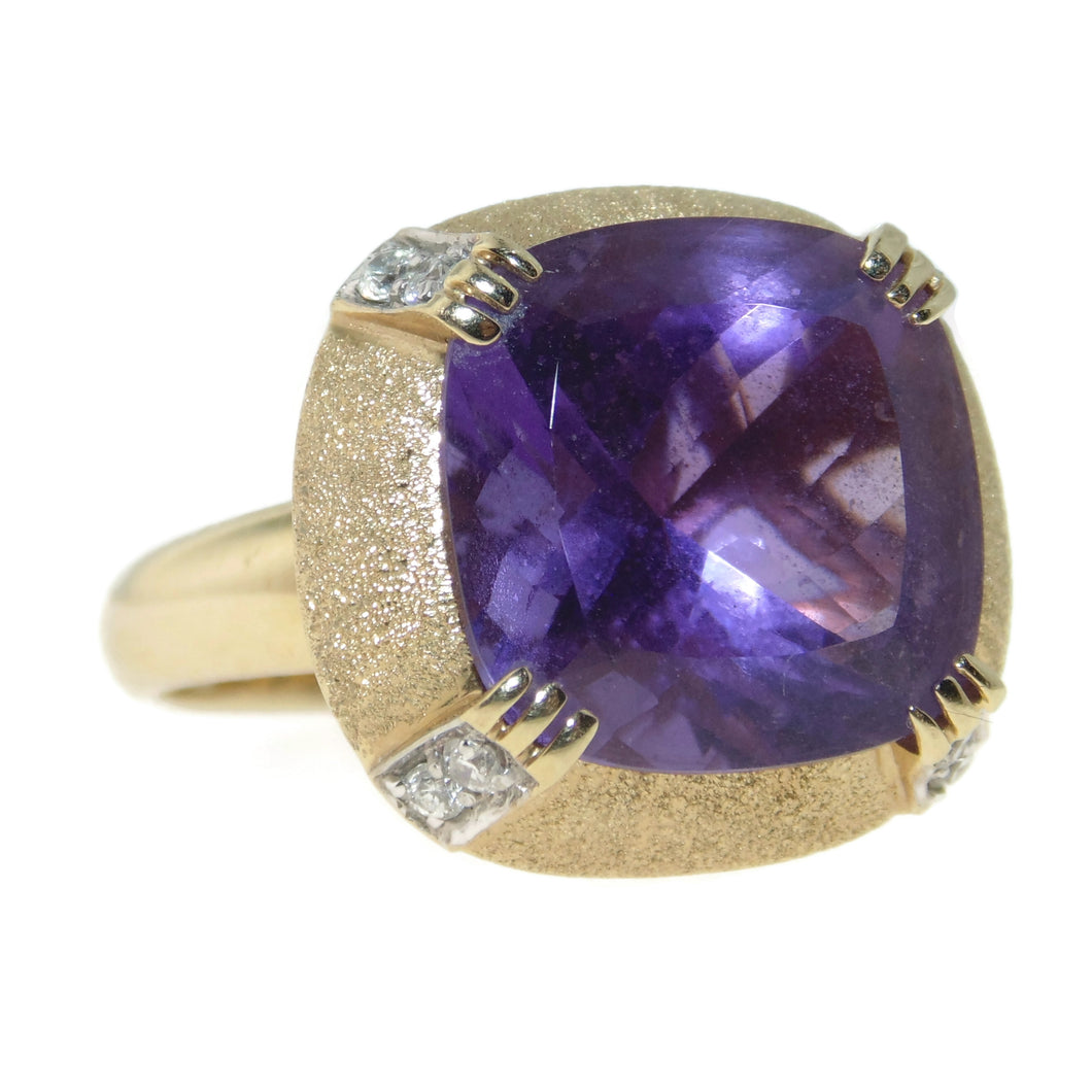 Estate Purple 10.0 Carat Amethyst Diamond Statement Ring in 14k Yellow Gold