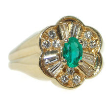 Load image into Gallery viewer, 18k Yellow Gold Carved Flower Shape Emerald Diamond Ring
