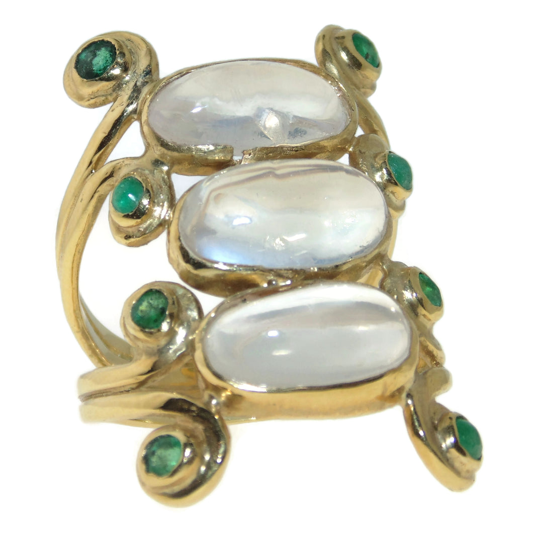 Modernist Moonstone and Emerald Ring
