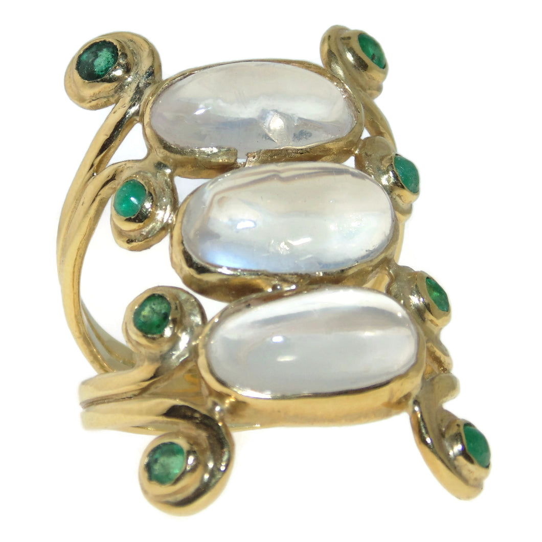 Estate Modernist Moonstone and Emerald Ring in 14k Yellow Gold