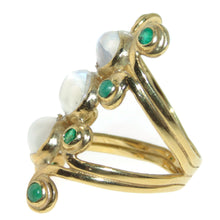 Load image into Gallery viewer, Estate Modernist Moonstone and Emerald Ring in 14k Yellow Gold
