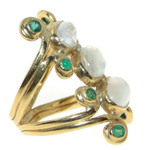 Load image into Gallery viewer, Estate Modernist Moonstone and Emerald Ring in 14k Yellow Gold
